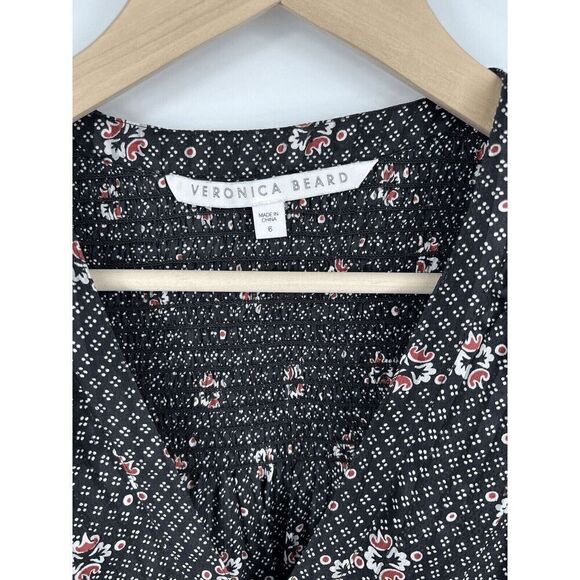 Veronica Beard Maree Size 6 Black Floral Silk Blouse Smocked Bishop Sleeve - Picture 2 of 4